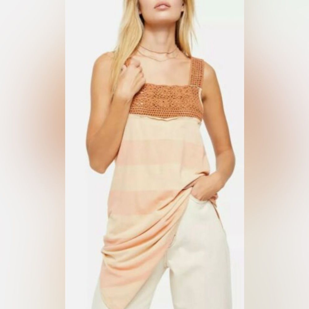 Free People, Luca Linen Blend Crochet Tunic Top, Orange, Size M